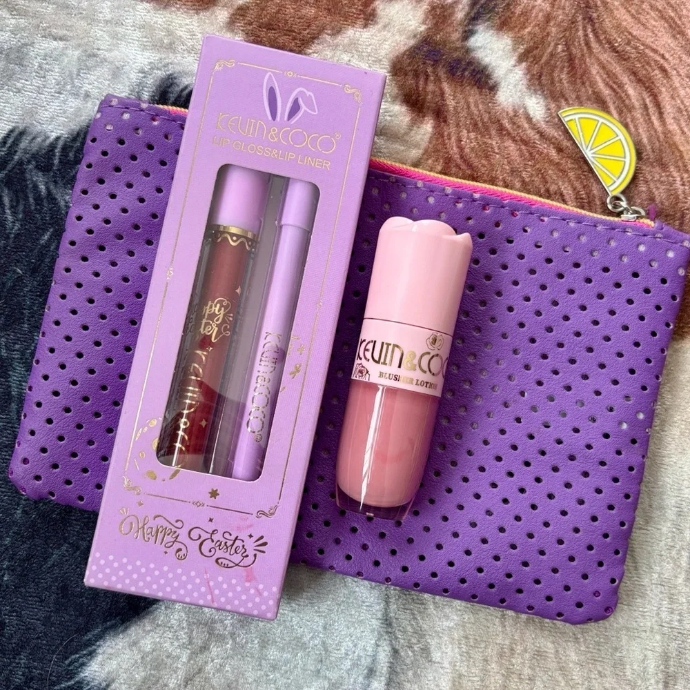 Brand New KEVIN & COCO Blusher Lotion Peach Lotus & Red Lip Gloss Lip Liner Set